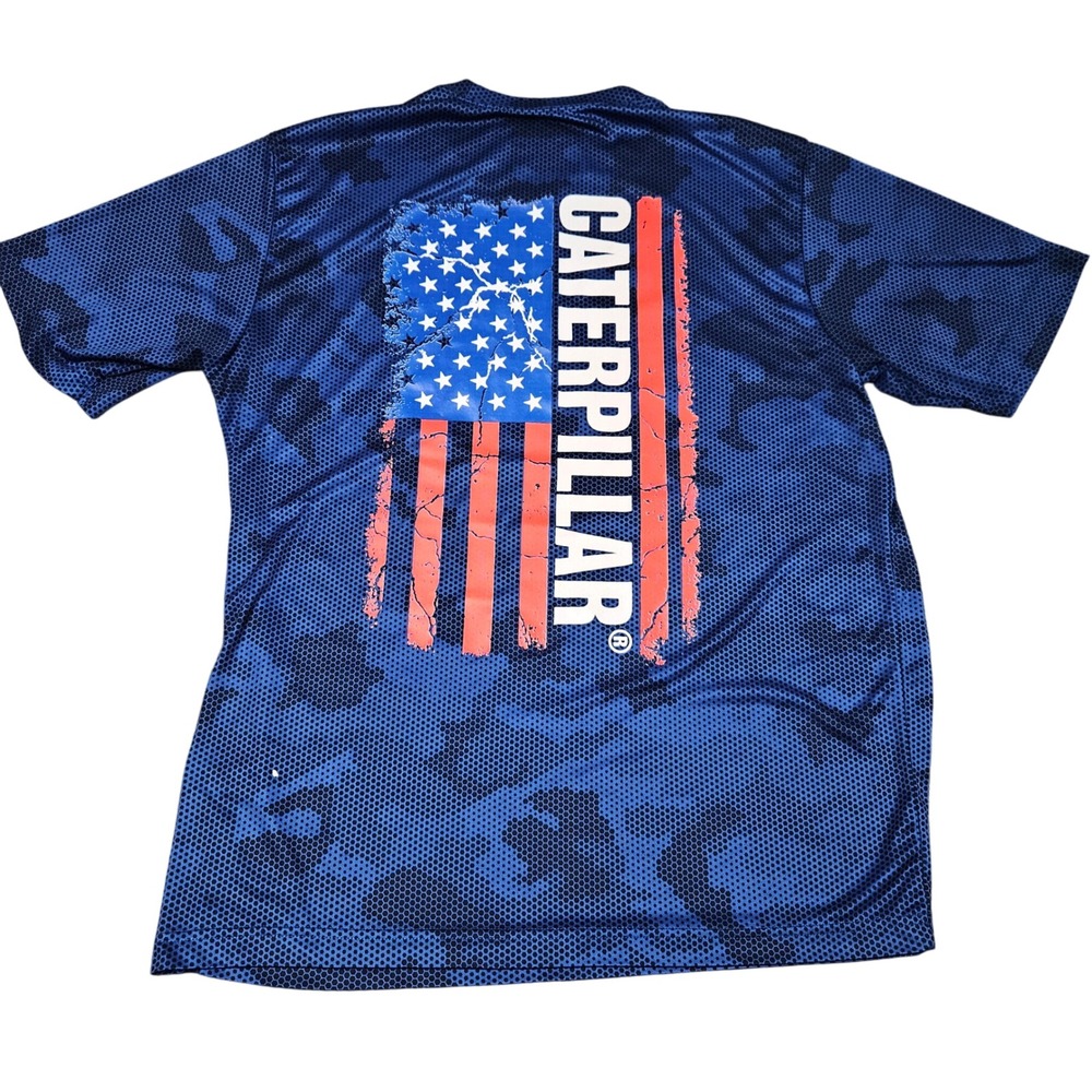 Caterpillar Active Tee‎ L Blue Camo USA Flag Graphic Performance Workwear